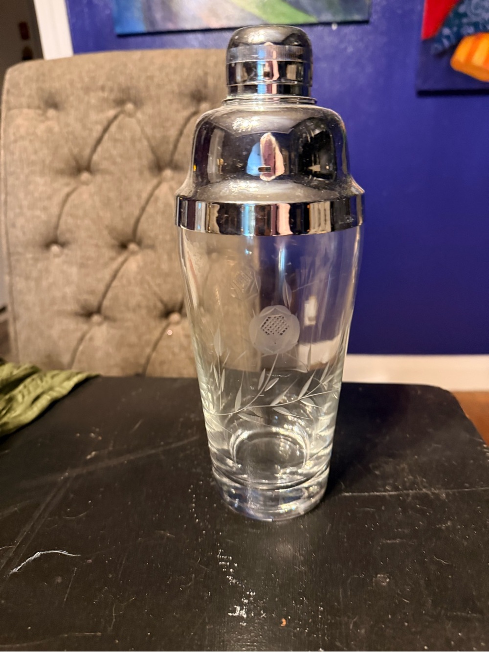 Vintage Clear Glass Cocktail Shaker with Silver-Tone Lid